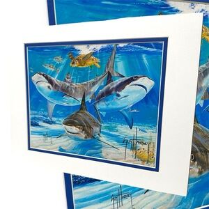 Hand Signed Guy Harvey Sharks Sea  & Turtle Art Print 10 x 8 1/4”